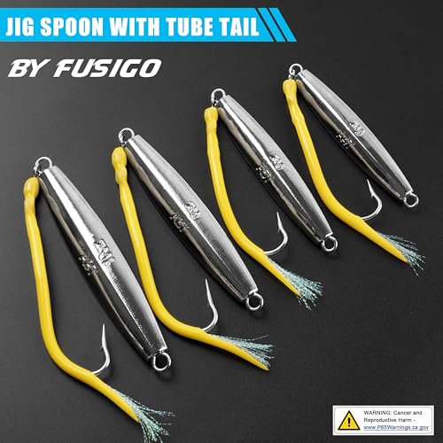 Diamond Jigs Saltwater Fishing Lures, 2Pack Casting Jigging Spoon with Tube Tail Striped Bass Metal Jig Spoons Deep Sea Offshore Surf Fishing 1oz-4oz - size: 5 Ounce, style: Yellow Tube, 2pack