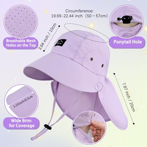Kids Sun Hat with Detachable Neck Flap for Boys & Girls Wide Brim Fishing Hat for Kids Water Resistant UV Protection - color: 1 Pack-light Purple