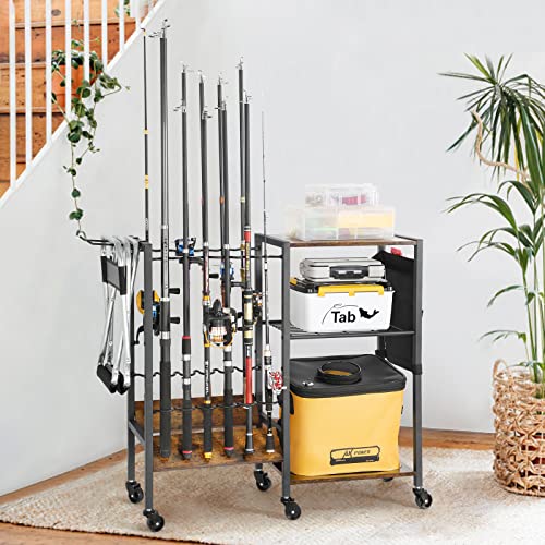 Olakee Fishing Rod Holders, Rolling Fishing Rod Rack for Garage & Boat, Tackle Box & Reel Holder Cart, Easy Assembly Fishing Gear Management System, Ideal Birthday Gift for Men Dad Anglers - color: 12 Rods,Carbonized Black