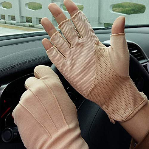 JIAHG Women Men's Driving Gloves Summer UV Sun Glove Non Slip Touchscreen Cotton Gloves Outdoor Sunblock Mittens for Cycling - color: Cotton-khaki Half Finger