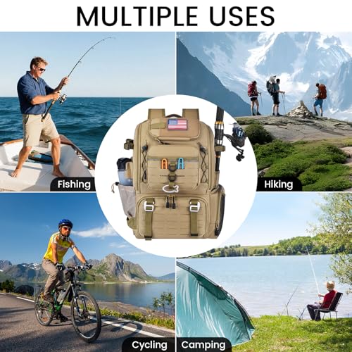 29L Multi-Compartment Fishing Tackle Backpack with 4 Rod Holder, Integrated Cooler and Rain Cover