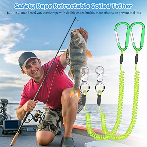 Woanger 6 Pack Fishing Lanyard Steel Wire Coiled Lanyard Tool Lanyards for Hand Tools Kayak Retractable Tool Leash Fishing Rod Safety Lanyards Gear with Alloy Clips for Pliers Boating - color: Green
