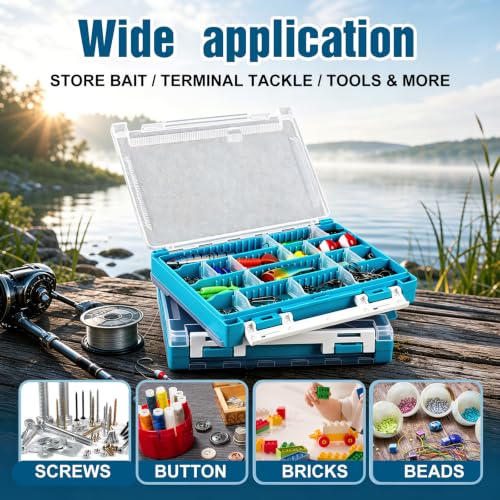 Wonderjune 4 Pack 3500 Double-sided Waterproof Fishing Tackle Boxes with Adjustable Dividers and EVA Foam Plastic Fishing Tackle Trays Clear Lures Storage Organizer for Jig Hook Bait (Blue)
