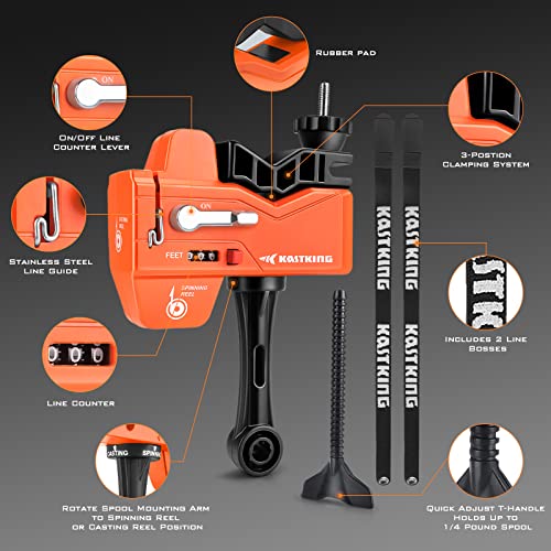 KastKing Kalibrate Fishing Line Spooler & 5’’ Braid Scissors - W/Line Counter, Patented Accessories, Portable, Compact, for Spinning & Casting Reels - No Line Twist, Fishing Gears Gifts for Men - style: Patented Line Spooler & Scissor - Orange