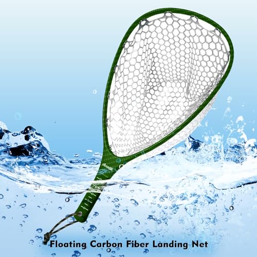 Riverruns Fly Fishing Landing Net Carbon Fiber Trout Net with Measurement Handle, Soft Rubber Mesh - 26" Standard (Wading) / 37" Long (Kayak) - color: 26" Wading Net (Standard) - Green 3K Woven