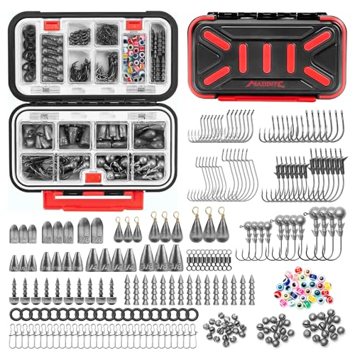 MadBite by KastKing 182/265/400pcs Compact Fishing Tackle Kit - All-in-One Freshwater Hooks, Weights, Bobbers in Tackle Box, Fishing Gear Set for Bass Trout Panfish - style: 265pcs Terminal Tackle Kit