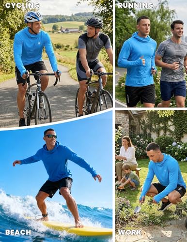 PINSPARK UPF 50+ Sun Protection Hoodie Men with Mask Quick Dry Long Sleeve Fishing Hiking Shirts UV Rash Guard Lightweight - color: Brilliant Blue, size: Small