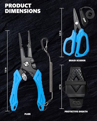 Fishing Tool Kit, Fishing Gear - Fishing Plier with Sheath, Fillet Knife, Fishing Scissors, Fish Lip Gripper, Tool Retractor, Keychain Bottle Opener, Fishing Gifts for Men - color: Blue-3pcs