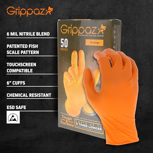 Grippaz 6 Mil Nitrile Disposable Gloves 50-Pack, Fish Scale Grip, Chemical & Oil Resistant, Orange, Large (G21071-L50) - size: Large