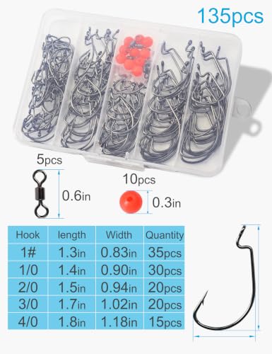 135pcs Bass Fishing Hooks Set - 110pcs High Carbon Steel Offset Worm Hooks Assortment #1, 1/0, 2/0, 3/0, 4/0 with 10pcs 8mm Red Beads and 5pcs #2 Barrel Swivels - EWG Hooks for Plastic Worms - style: Worm Hooks Set, Pack of 135