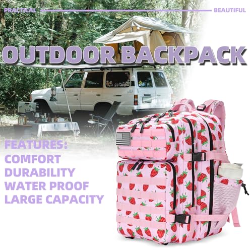 Lovelinks21 25L Tactical Military Backpack Small Travel Rucksack for Men and Women Assault Pack Bug Out Bag Molle Daypack Gym Backpack with Bottle Holder (Strawberry) - color: Strawberry