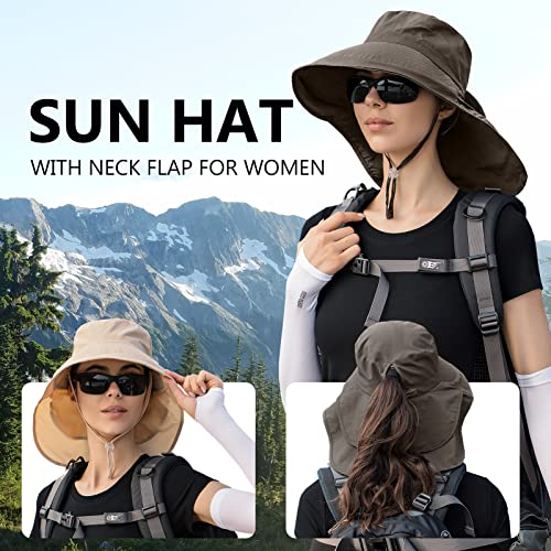Womens Sun Hat UPF 50+ Wide Brim and Ponytail Hole, Hiking Safari Hat with Neck Flap… - color: Beige & Army Green
