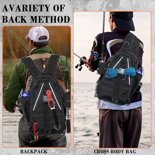 Fishing Tackle Bag Sling Shoulder Backpack with Rod & Gear Holder, Water Resistant & Weatherproof, Large Storage