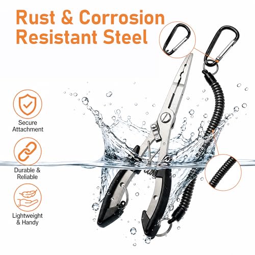 6.5 Inch Long Black Fish Pliers, Lockable Stainless Steel Fishing Tool with Lanyard, Durable Fishing Pliers with Line Cutter for Saltwater & Freshwater Hook Remover