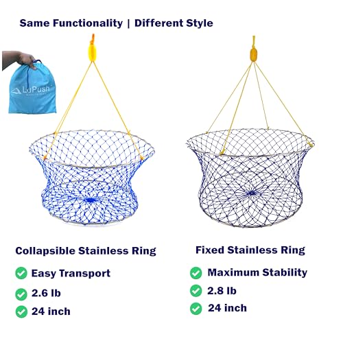 Stainless Collapsible Crab Net with 100ft Rope, Bait Bag, Clip & Ruler – 6 Pieces Portable Crab Trap for Easy Storage – Durable Grid Design for Dock & Pier Crabbing - size: 24 inch