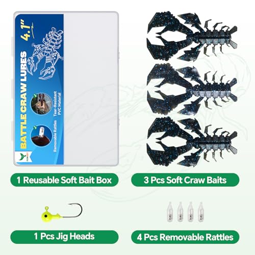 4.1" Crawfish Lure for Bass Fishing, Soft Plastic Craw Bait Kit with Removable Rattles & Jig Head, Reusable Bait Box for Freshwater Bass - color: blue