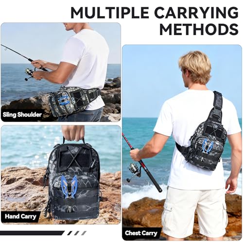 Kynzo Fishing Sling Backpack with Rod Holder, Water-Resistant Fishing Tackle Bag, Durable Shoulder Crossbody Pack for Freshwater Saltwater Fishing (D- Pythonskin Black) - color: D- Pythonskin Black