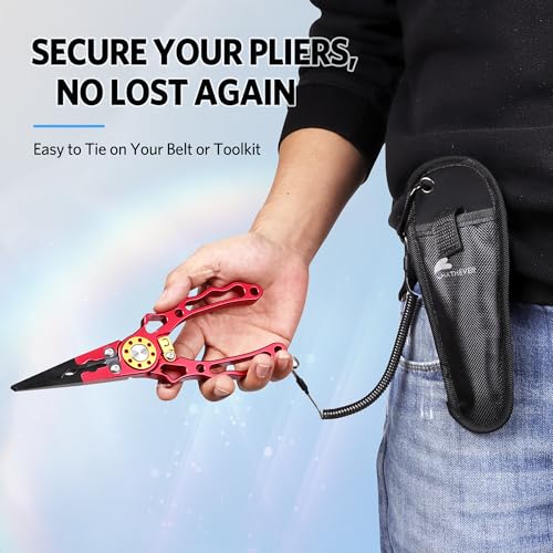 Fishing Pliers Saltwater, Split Ring Pliers Hook Remover with Safety Lock, Fishing Tools with Sheath and Lanyard, Fishing Gifts for Men - color: Red
