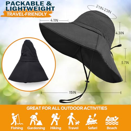 Women's Cotton Sun Hat with Neck Flap, UV Protection Wide Brim Outdoor Hat | Adjustable Fit, Moisture-Wicking & Breathable, Packable & Lightweight for Fishing Hiking Gardening Beach Safari - color: Black