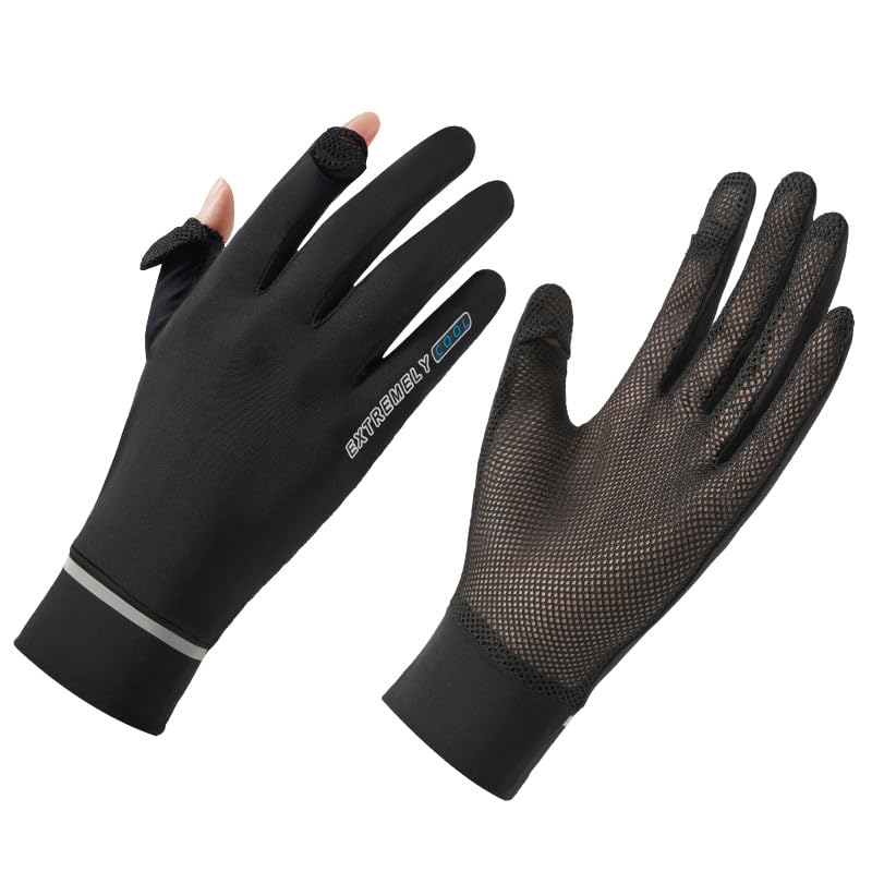 Women Sun Gloves UPF 50+ UV-Protection, Summer 2-Fingers-Flip Thin Ice-Silk Breathable Mesh Cooling Running Gloves - color: Black
