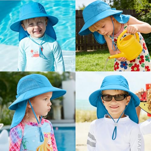 Outdoor Kids Sun Hats with Neck Flap Boys Girls Wide Brim UPF 50+ UV Protection Children Bucket Hat Safari Hat - color: 1pack-blue
