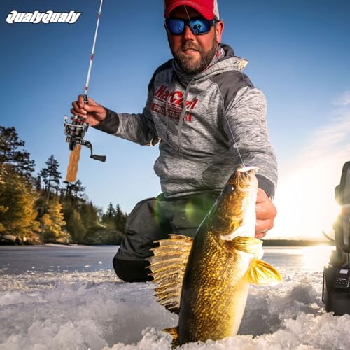 QualyQualy Ice Fishing Rod Reel Combo Complete Set Ice Fishing Gear with Backpack Seat Ice Cleats Ice Fishing Jigs Line Full Ice Fishing Kit 24" 26" - style: 24" Fishing Rod Combo 52pcs