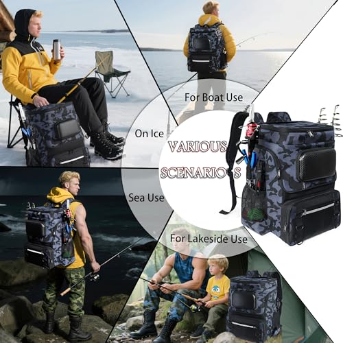 Fishing Backpack with Rod Holder and Tackle Boxes, Cooler, Large 50L Fishing Gear Bag with 139 Fishing Lures Kit, Fish Tool Set, Fish Gifts for Men Woman-Camo Backpack - color: Camo
