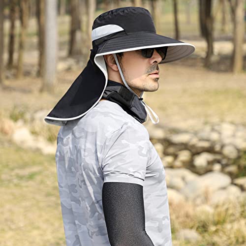 HUAMULAN Women Large Brim Sun Hat with Neck Flap, Men Quick Dry Hiking Fishing Safari Hat UPF 50+ - color: Hyp011-black