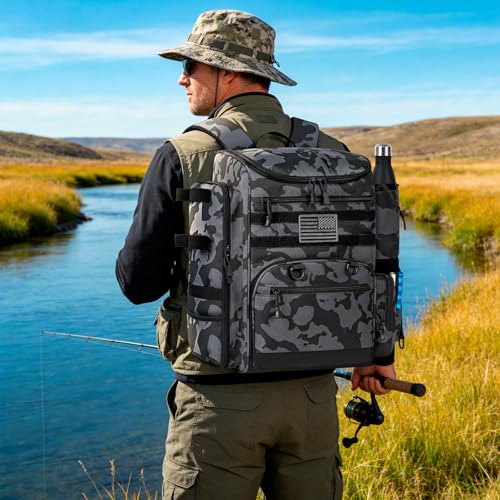 40L Fishing Backpack Water Resistant Fishing Tackle Bag with 2 Rod Holders, Tackle Storage Bag for Anglers(Black camo,Bag Only - color: Black Camo