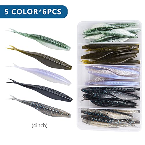 Fishing Bait Soft Plastic Lures 30/50 Pcs, Weighted Hooks 10 Pack & 40-Piece Set, 4in/5in Salty Split Tail Jerk Shad, 3/0 4/0 5/0 Weedless Swimbait Hook for Bass Fishing - color: Set A, size: 4in-30 Pcs