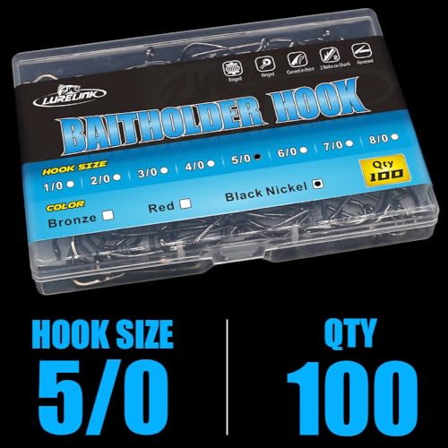 Baitholder Fishing Hooks 100 Pack - Double-Barbed Long Shank for Bluegill Bass Trout Walleye Black/Red, 8/0-#8 - color: 2-Black, size: 5/0 100-Pack