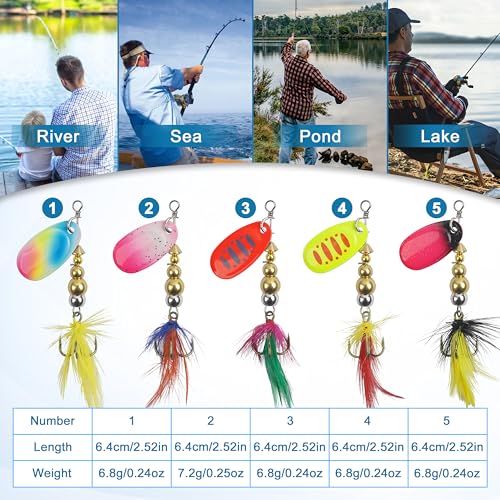 Spinner Baits Bass Lures Rooster Feather Tail Fishing Lures Trout Lures Hard Metal Inline Spinnerbaits for Bass Trout Pike Walleye Salmon with Tackle Box - style: D-5pcs-2.5"-0.24oz