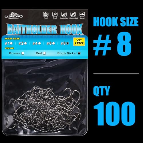 Baitholder Fishing Hooks 100 Pack - Double-Barbed Long Shank for Bluegill Bass Trout Walleye Black/Red, 8/0-#8 - color: 2-Black, size: Size:8 100-Pack