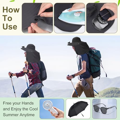Maiteenly 2 Pcs Solar Fan Hat for Men with Neck Flap Bucket Fan Buit in Hats for Hiking Fishing Outdoor USB and Solar Powered - color: Gray,black