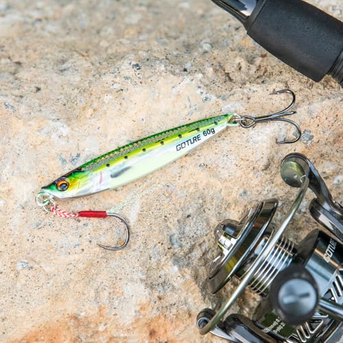 Goture Fishing Jigs, 40g 60g 80g Vertical Jig Saltwater Freshwater, Jig Fishing Lures with Assist Hook and Treble Hook, 5PCS Jigging Spoon Lures, Speed Fast Fall Jigs for Tuna,Salmon,Bass - color: C:5pcs Fishing Jigs with Cardboard Tube, size: 60g