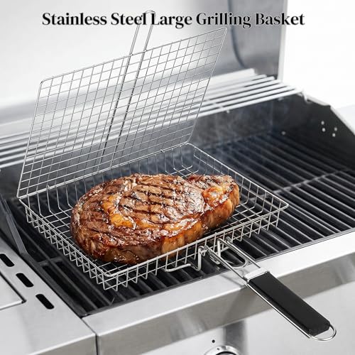 Grill Basket Set Stainless Steel, Rolling BBQ Tools with Removable Wooden Handle, Smoker Grilling Accessories for Fish, Grill Baskets for Outdoor Grill