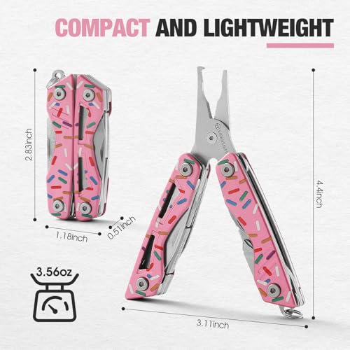 VIRENKNIFE 13-in-1Multi Tool Pliers, Stainless Steel Mini EDC Multitool with Pocket Knife,Screwdriver,Bottle Opener,Fishing Hook Sharpener,Perfect for Camping, Hiking, Fishing(Donut) - color: Pink Donut