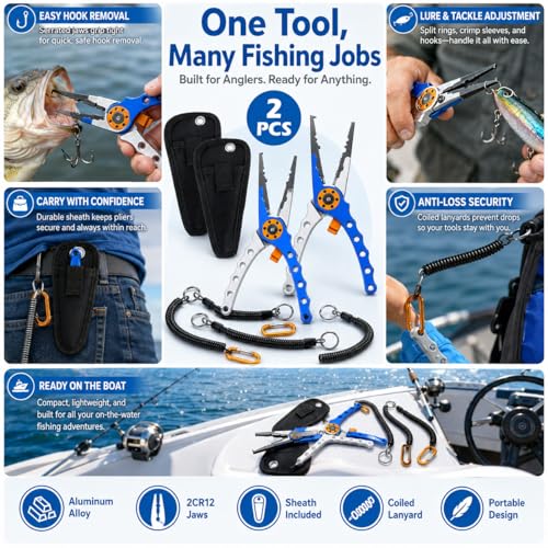 2 Pack Fishing Pliers Saltwater, Aluminum Fish Pliers with Black Sheath and Coiled Lanyard, Jaw Fishing Hook Remover, Split Ring Tool and Line Cutter for Boat, Kayak and Fly Fishing