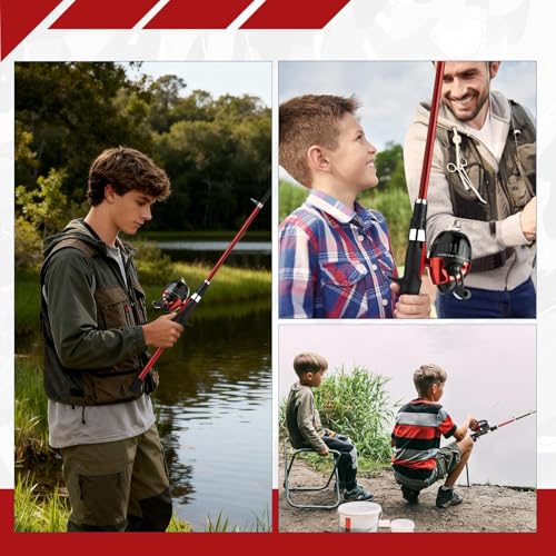 WIDDEN Kids Fishing Pole, Youth Fishing Rod and Reel Combo - Telescopic Portable Fishing Pole with Tackle Box Bag Starter Anglers Set, Fishing Gear Kit for Boys Girls Teens Age 5-18 and Beginners - color: Red