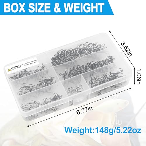 Fishing Treble Hooks Kit,190pcs High Carbon Steel Strong Sharp Treble Hooks Round Bend with Split Rings Triple Hook for Lures Baits Saltwater Freshwater Fishing Gear - color: Black Mixed