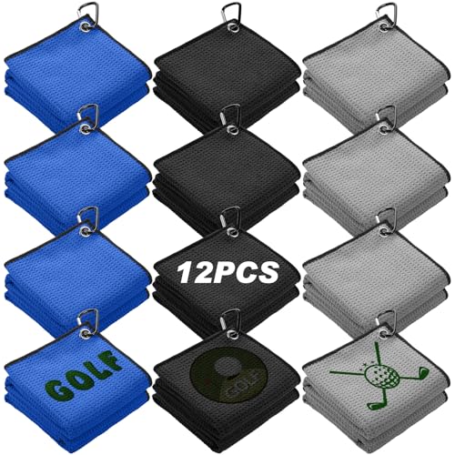 Batiyeer 12 Pcs Golf Towel Bulk for Golf Bags Microfiber Fabric Towel with Clip Waffle Pattern, Fitness, Camping, Hiking, Yoga - color: Black, Gray, Blue