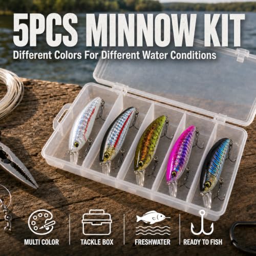 Pack for Trail Fishing Lures for Bass, Sinking Minnow Jerkbait with Box, Long Casting Wobbling Crankbait, 3D Eyes & Sharp Treble Hooks, Freshwater Fishing Hard Baits for Bass Walleye Crappie