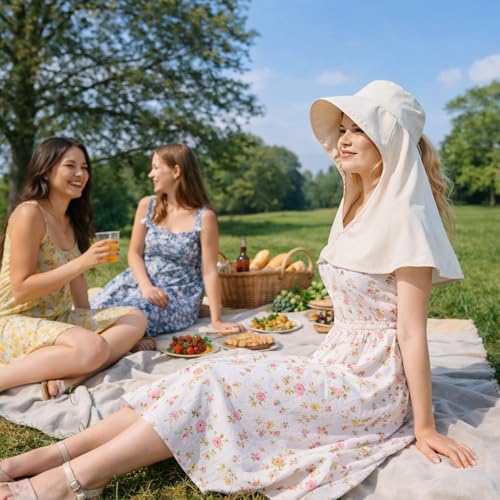 HUAMULAN Men Summer Sun Hat Women Safari Wide Brim Fishing Hats UV Protection Neck Flap Bucket Gardening Hiking Hunting Cap - color: Beige With Neck Flap