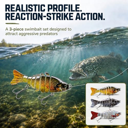 Rattling Fishing Lures 3 Pack, Multi-Jointed Swimbaits with Treble Hooks, Lifelike S-Swimming Hard Baits for Bass, Trout, Crappie & Perch