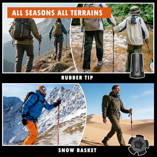 Deepfeel Collapsible Trekking Pole Adjustable Hiking Pole - Aluminum Alloy 7075 Walking Stick with Telescopic & Foldable Tri-fold Design for Travel Camping Climbing Walking - color: Red