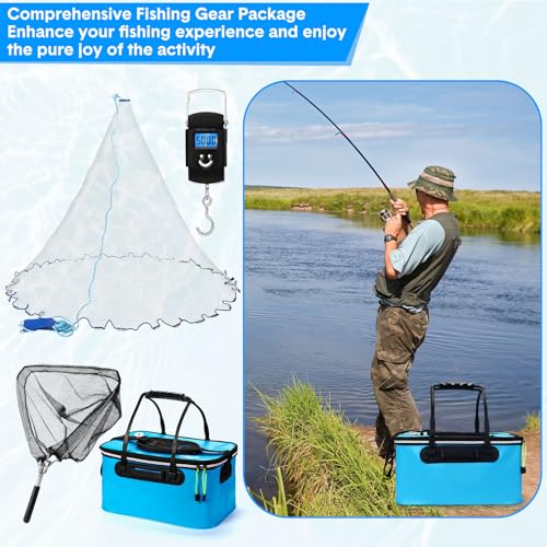 Threehoney Set of 4 Saltwater Fishing Cast Net, Foldable Fish Bucket, Folding Fishing Landing Net, and 110lb Digital Scale, 6 Gallon Live Fish Bait Bucket - color: Blue, size: 4ft