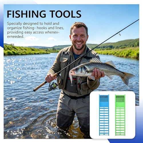 2 Pack Fishing Hook Holder with Double Side Spring, Plastic Line Organizer for Snelled Hooks and Leaders, Blue and Green