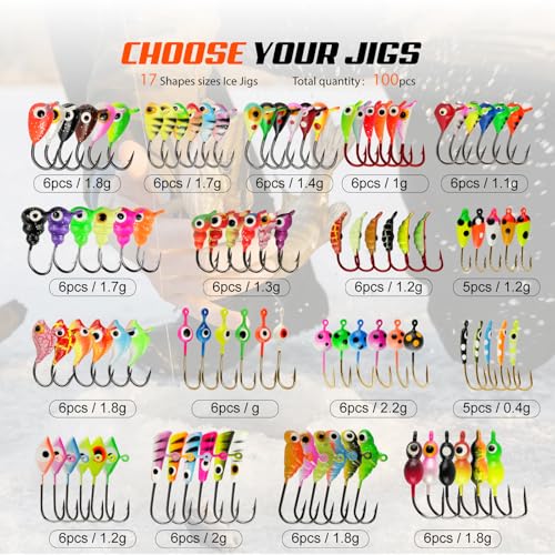 Ice Fishing Jigs Kit, 36/60/100pcs Micro Jig Heads Lures Hook Set for Winter Ice Jigging, Panfish, Perch, Trout, Bluegill, Walleye, Crappie Ice Fishing Lures Hooks Set with Storage Box - color: C -100pcs Ice fishing jigs (17 Style)