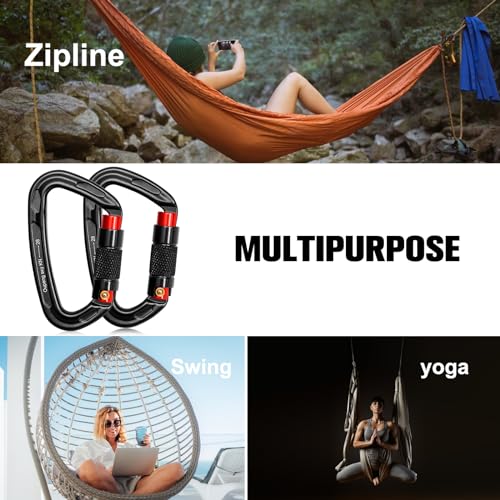 Oupeng sky Auto Locking Carabiner Clips - 28KN (6172lbs) Heavy Duty Caribeaners, Large Carabiner Clip for Keychains,Hammock,Camping, Gym, Hiking, Outdoor ,Dog Leash - color: 4 Black+Red