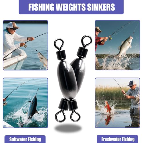 Natufish Fishing Sinkers – Bullet Weights, Drop Shot Weights, Bank Fishing Weights with Quick-Change Swivel for Saltwater/Freshwater – Brass Lead Weights Fishing Kit for Bass, Catfish - size: 30pcs-Five Sizes